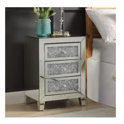 Mirrored Nightstand with Crystal Diamond Silver Mini Cabinet with Three Drawers for Bedroom Living Room