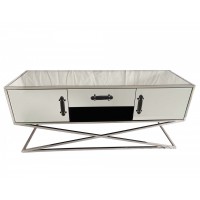 Hot Selling Stainless Steel X Base Mirrored 2 Doors 1 Drawer Tv Stand Living Room Glass Coffee Table