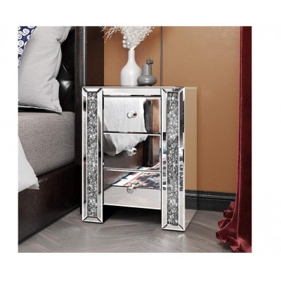 Sparkly Crystal Mirrored Nightstands with 3 Drawers Modern End Table for Bedroom, Living Room, Office