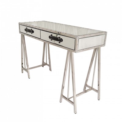 Bedroom Furniture Glass Writing Desk Stainless Steel Trestle Desk With Rivet Trimming