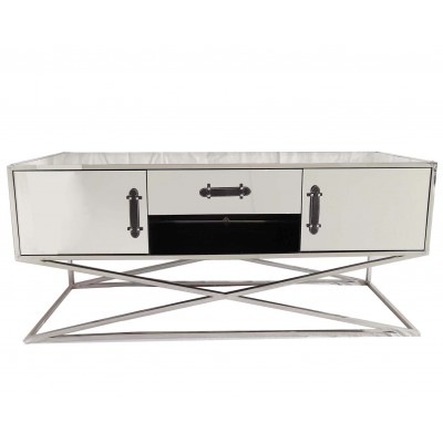 X Style Stainless Steel Base Black Leather Handle Mirrored TV Stand Home Living Room Door TV Cabinet Table